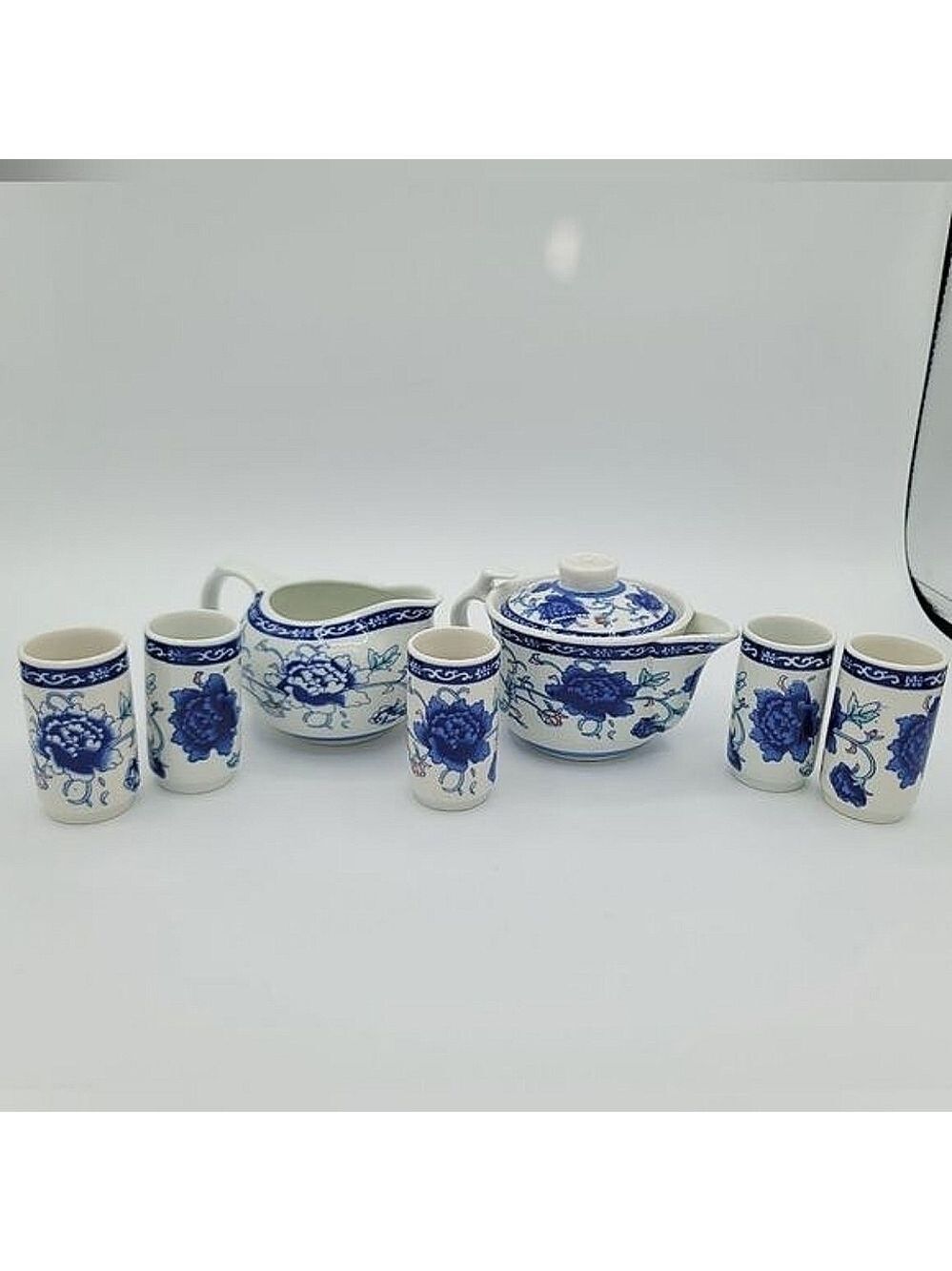 Oriental Asian Blue Floral Tea Creamer Cups Set #1141